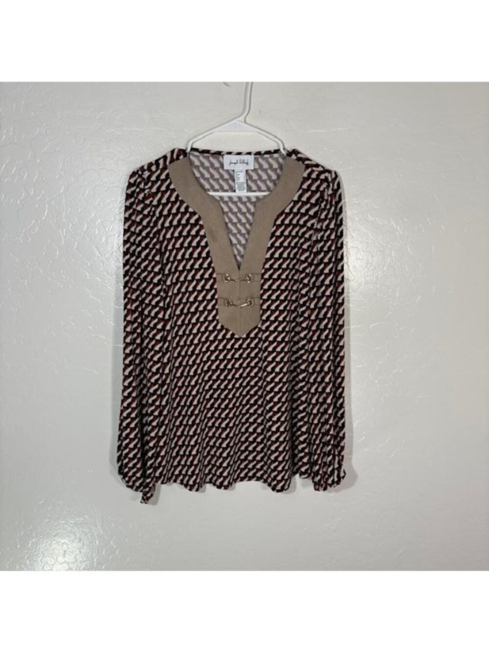 Joseph Ribkoff Shirt Womens 6 Multicolor Geometric Buckle V Neck Tunic Top
